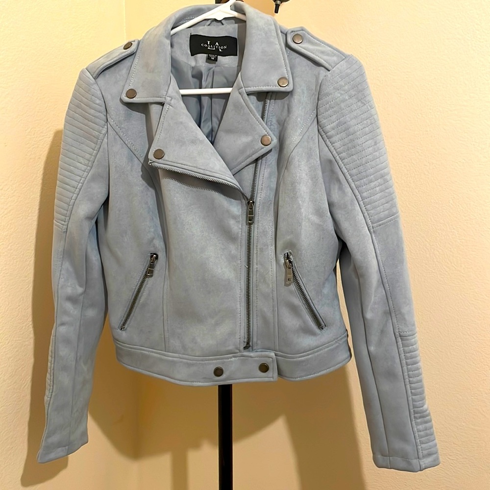 Light blue suede, motorcycle style jacket size medium